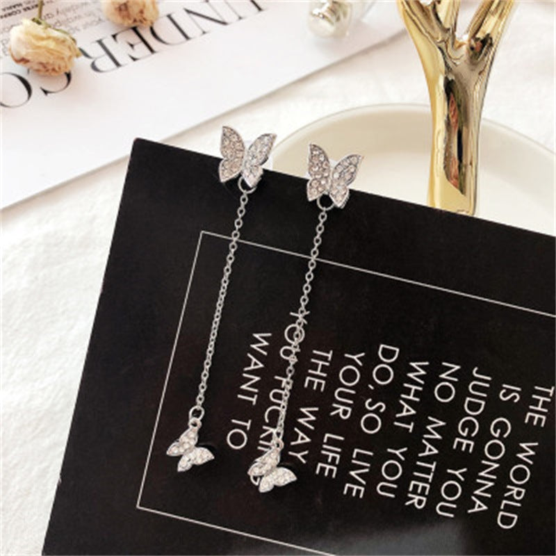 Fashionable 925 Silver Butterfly Long Earrings with Tassels