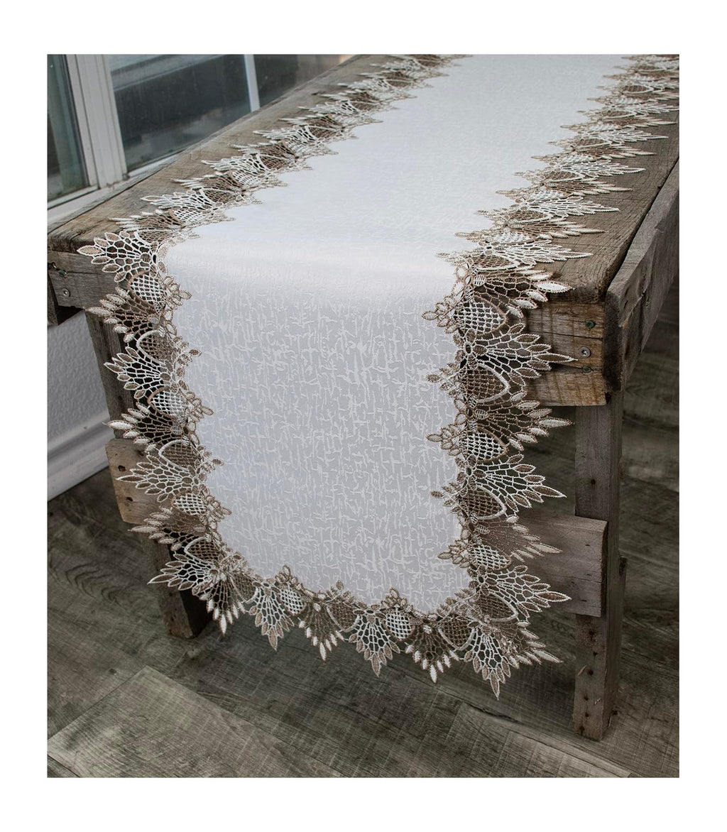 Lace Runner Neutral Earth Tones on White Jacquard Table Runner Dresser Scarf Coffee Table Runner (16Wx54L)