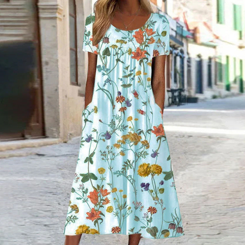 Loose Fit Short Sleeve Printed Bohemian Dress