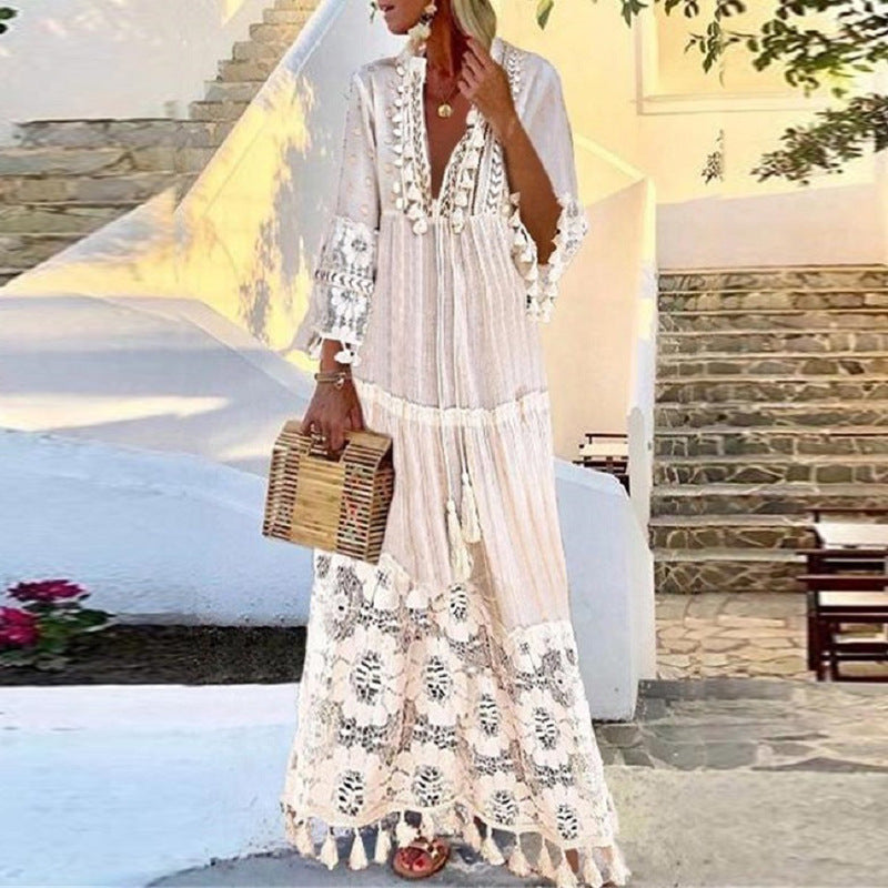 2021 Spring Bohemian Lace Tassel Beach Maxi Dress