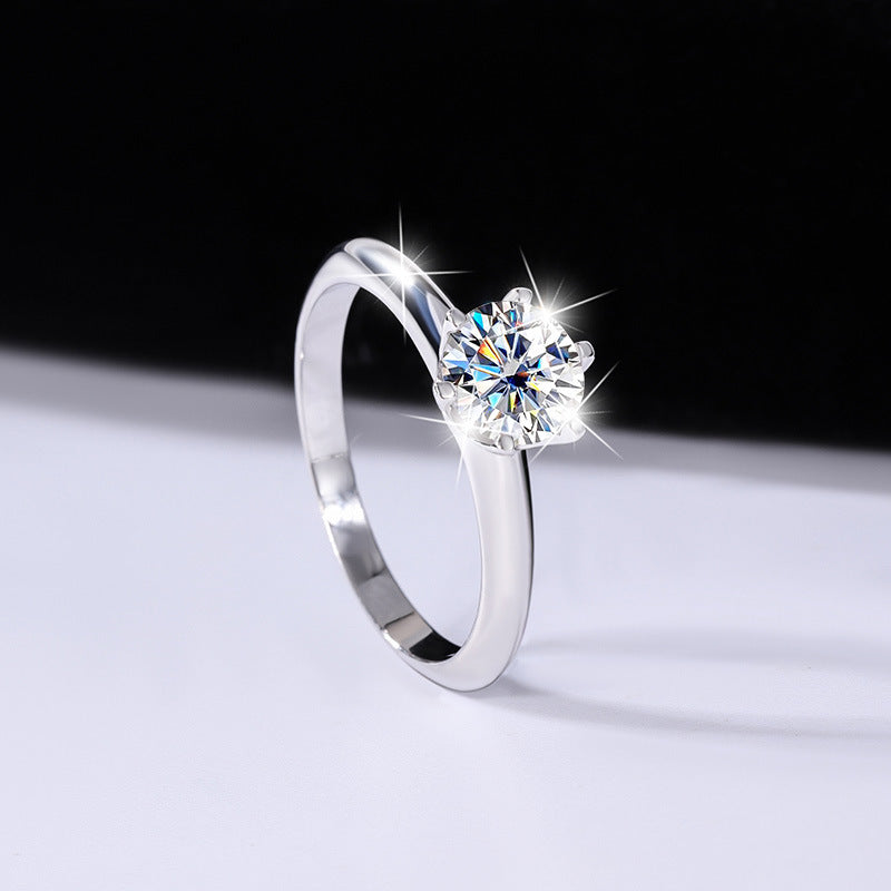 S925 Silver Ring with Six-Claw Moissanite Crown