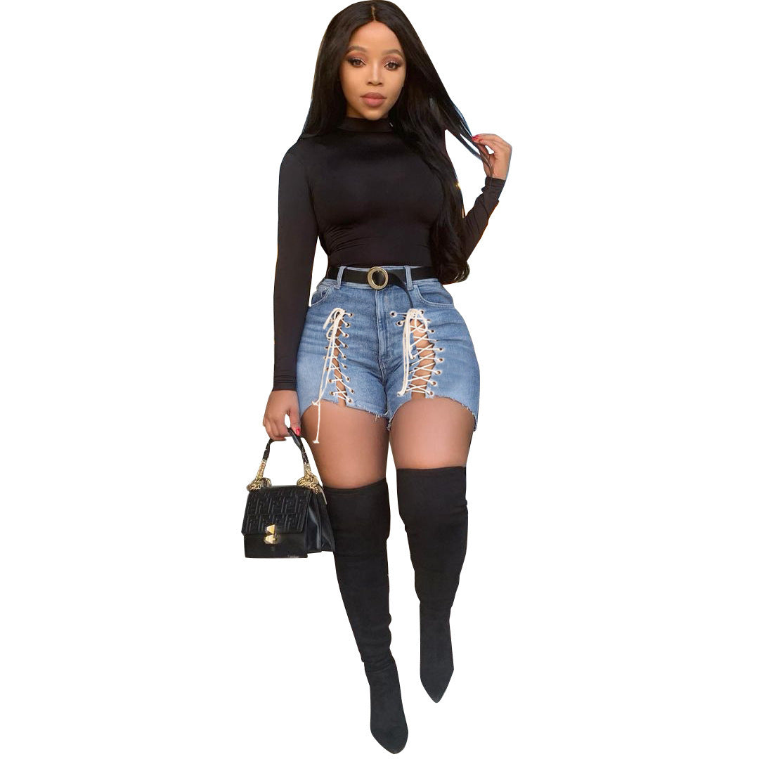 New Elastic Denim Shorts with Tie Design