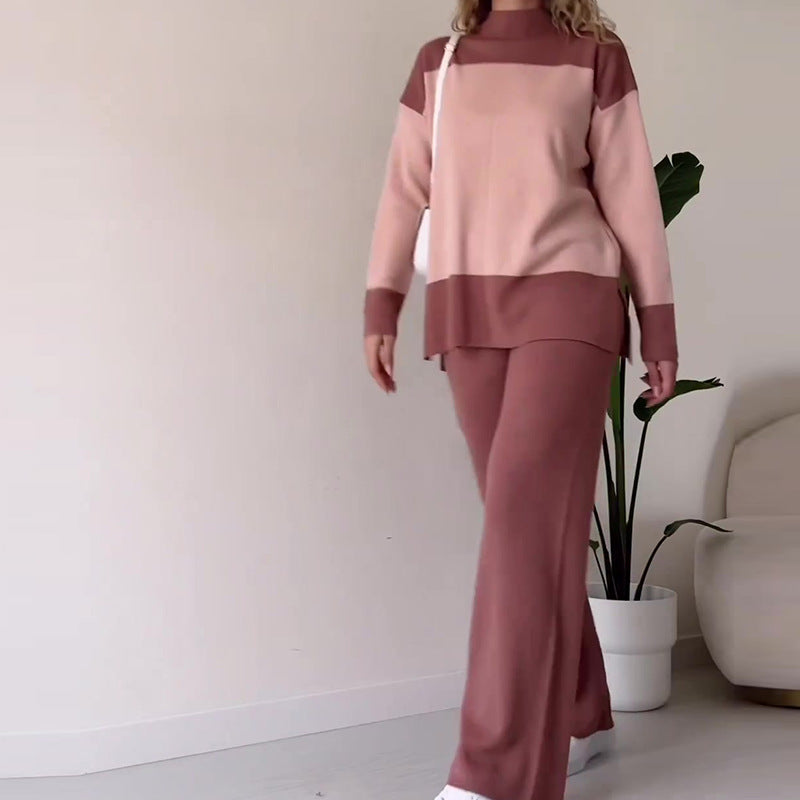 2023 Fall Fashion Color Block Top & Wide Leg Pants Set