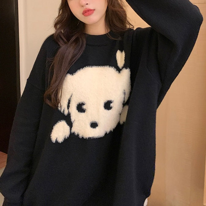 2023 Fall Fashion Plus Size Black Dog Knitted Sweater