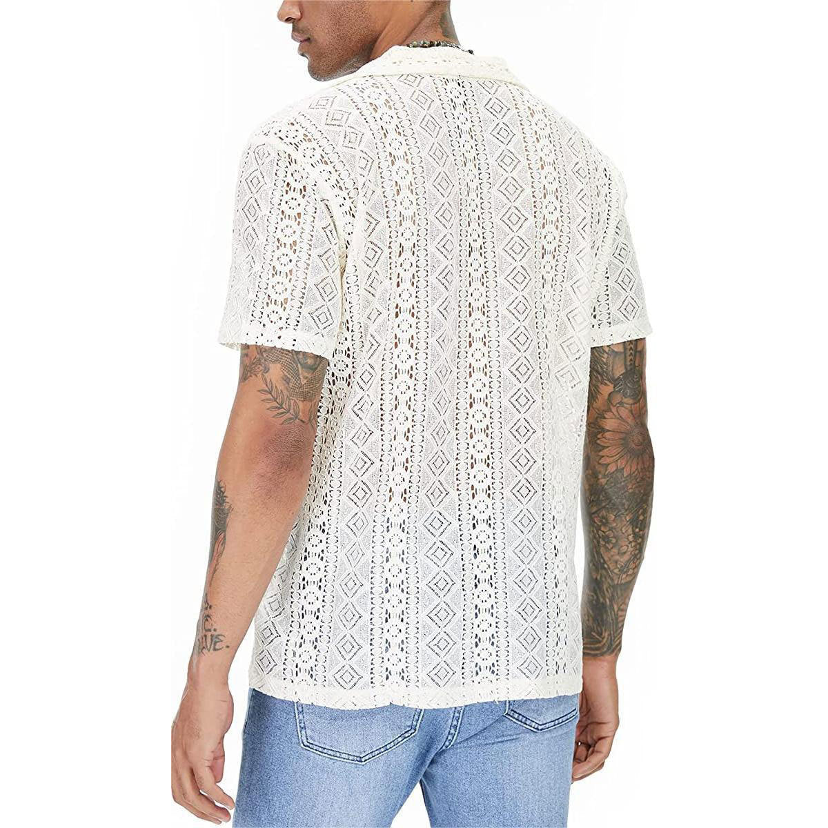 Men's Lace Short Sleeve Shirt with Floral Design