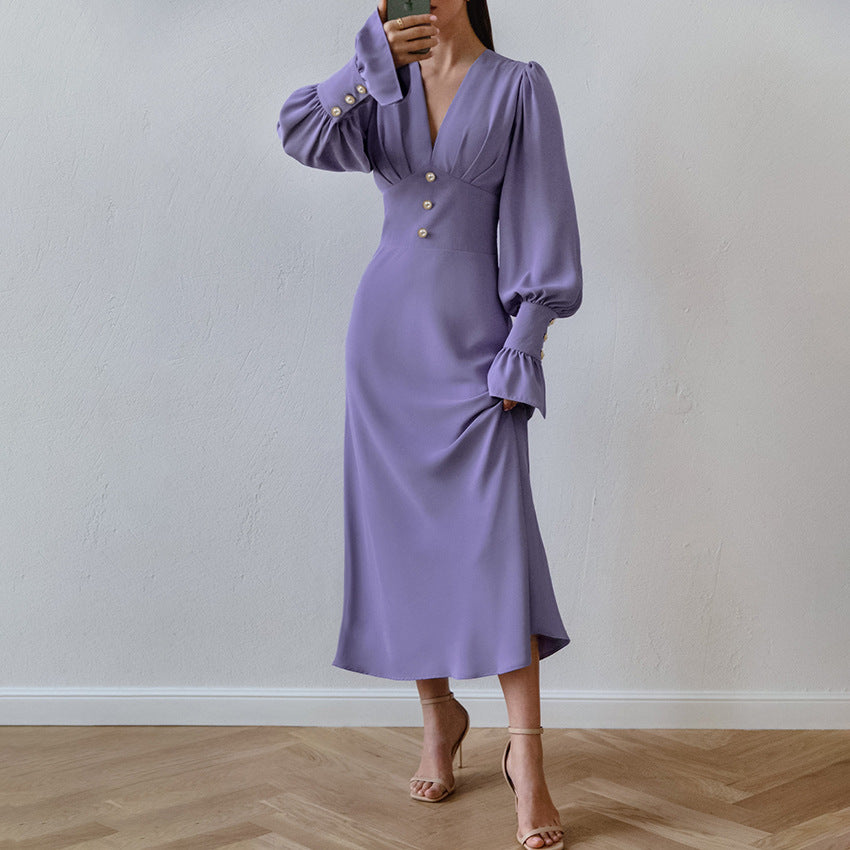 French Lantern Sleeve V-Neck Dress - Elegant Retro Style
