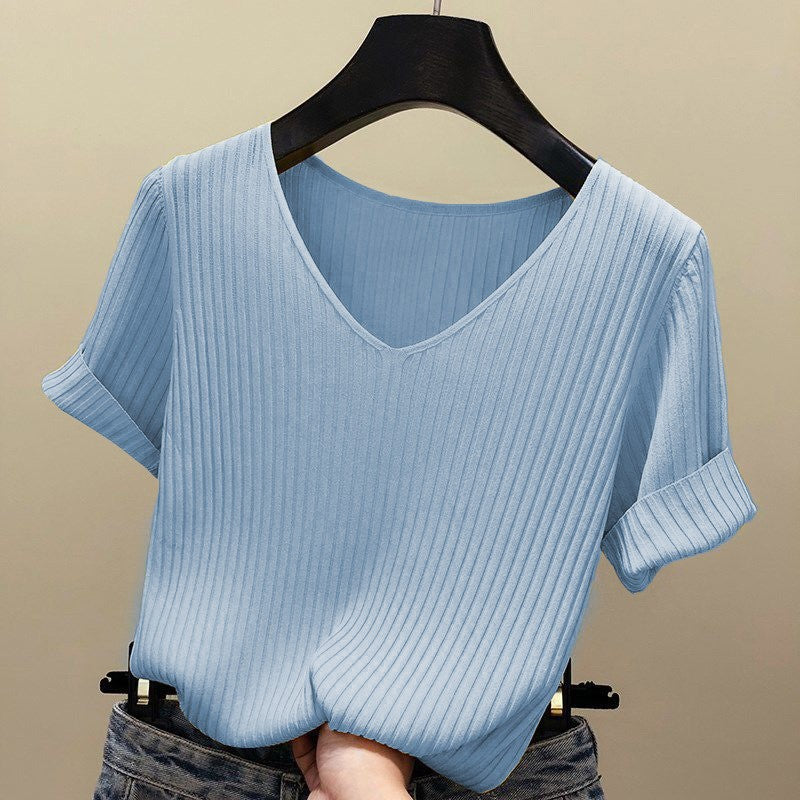 Summer Ice Silk Knit Black T-Shirt for Women
