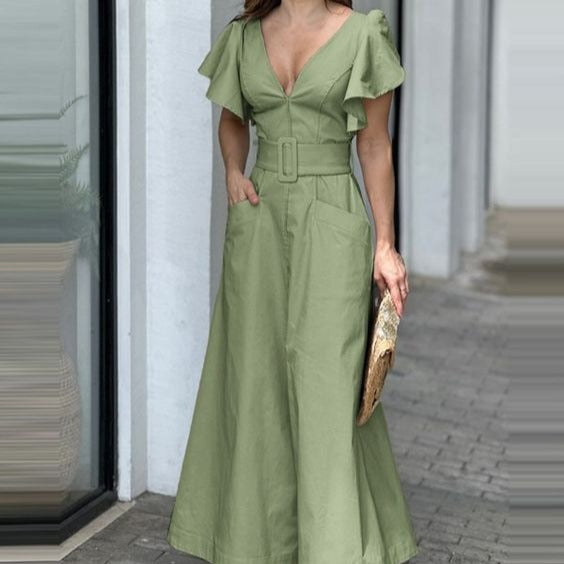 2023 New V-Neck Solid Color Ruffle Sleeve Dress