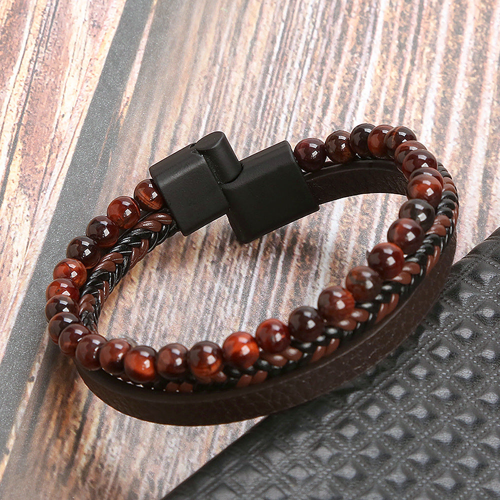 Men's Leather and Natural Stone Volcano Rock Bracelet