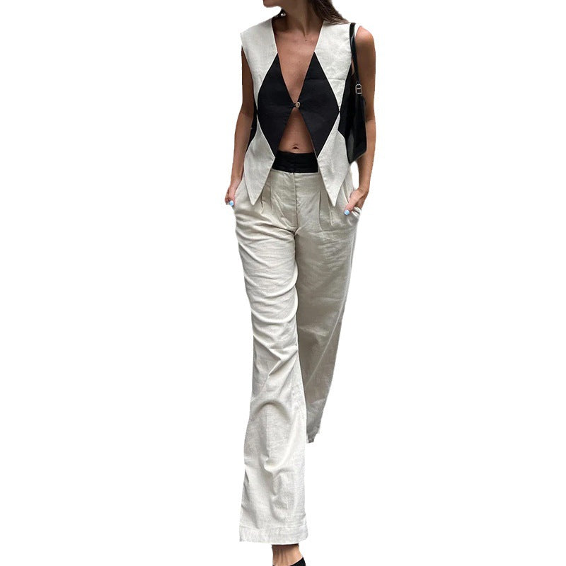2023 Summer Women's Fashion Color-Block V-Neck Set