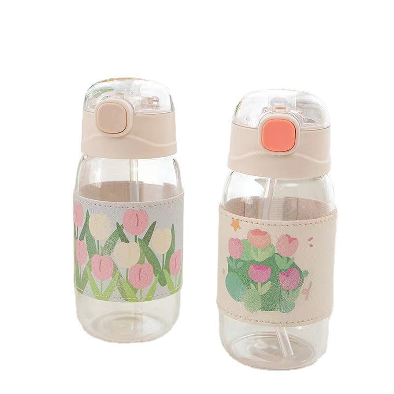 Ins Tulip Water Cup with Straw - Cute Portable Glass