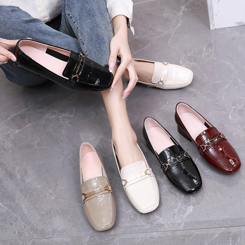 Square-Toe Patent Leather Stone Pattern Loafers for Women