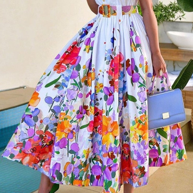 2023 Floral Print Short Sleeve Dress with Belt