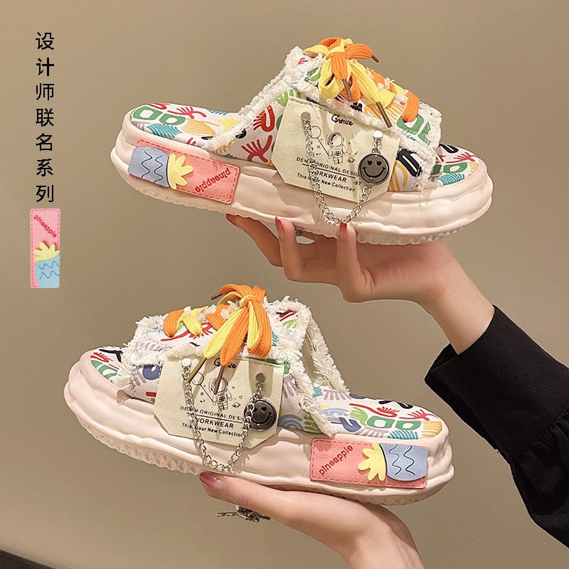 2023 Women's Platform Beach Sandals with Graffiti Design