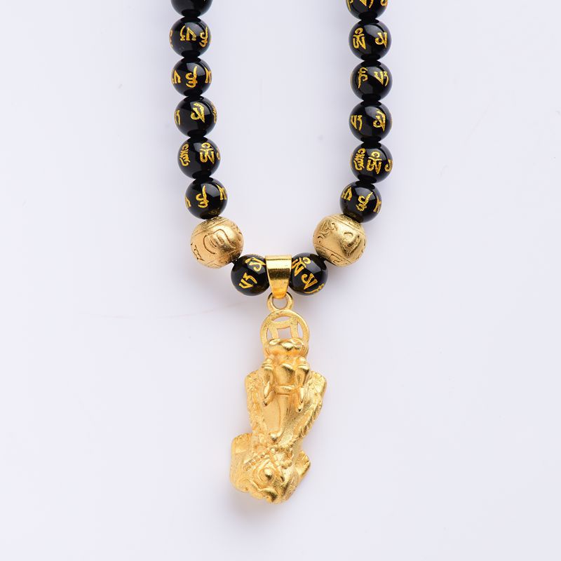 7A Black Agate Gold-plated Six-word Necklace with Pendant