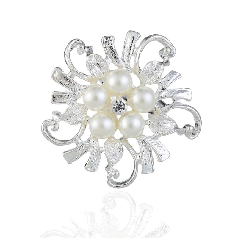 Korean Rhinestone Flower Brooch with Pearl Accents