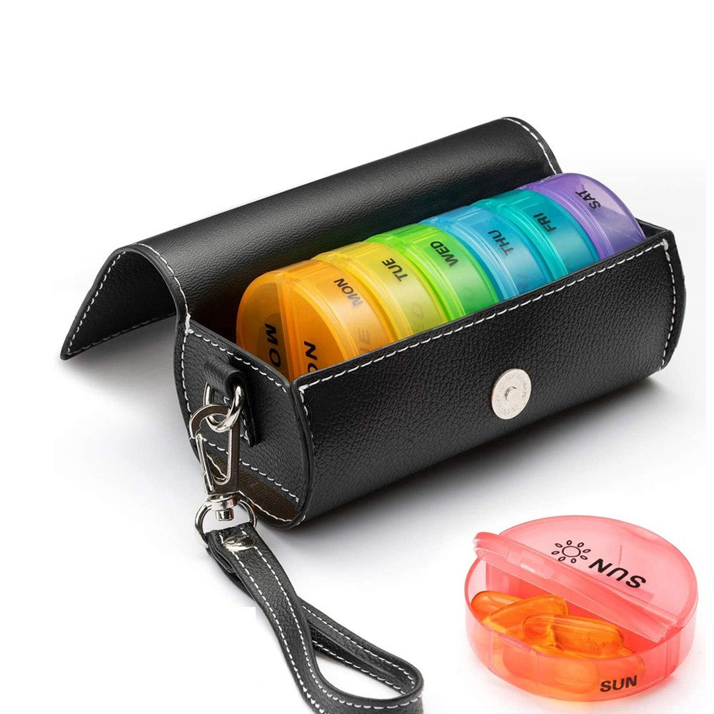 Portable Black Plastic Pill Box with 14 Compartments