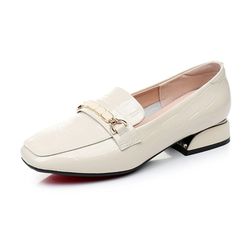 Square-Toe Patent Leather Stone Pattern Loafers for Women