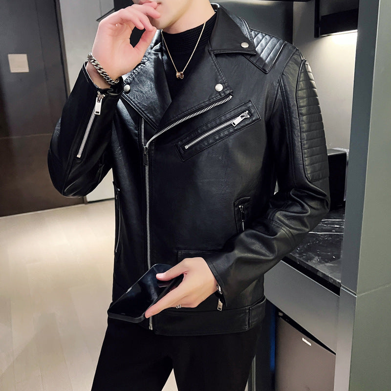 "Winter Slim Fit Men's Leather Jacket with Zipper Pockets"