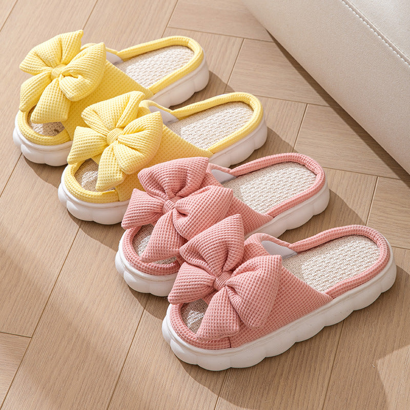 Solid Color Bow Knot Thick Sole Open Toe Slippers