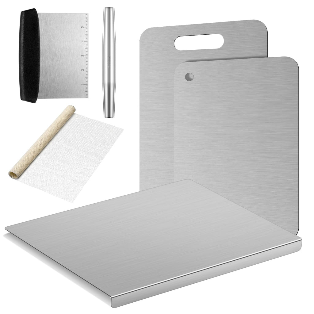 Patelai 6 Pcs Stainless Steel Cutting Board Set Steel Chopping Boards for Kitchen Double Sided Board with Lip Rolling Pin and Anti Slip Mesh for Countertop Meat Fruits Vegetables Bread Noodle Pizza