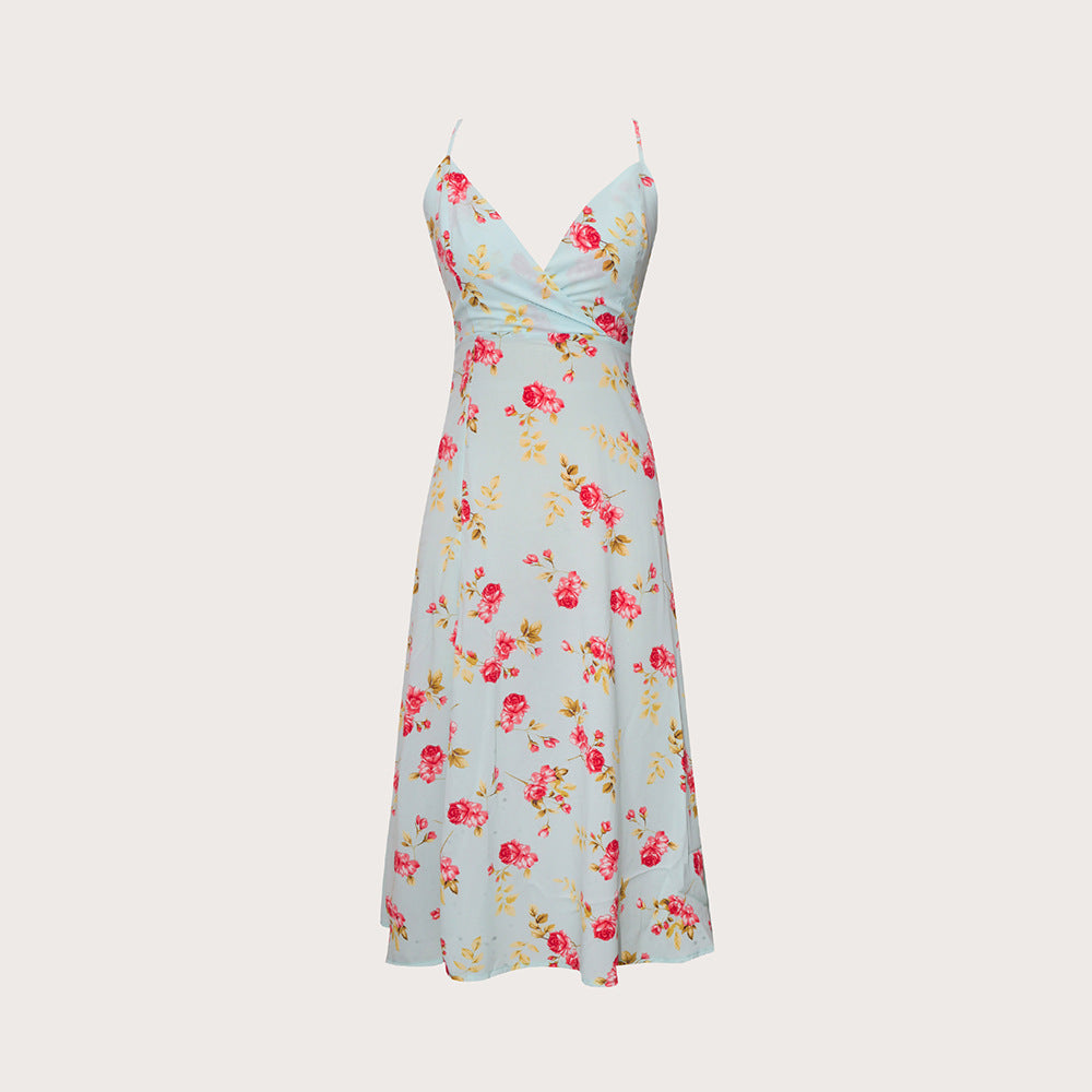 Elegant V-Neck Printed High-Waist Dress for Women