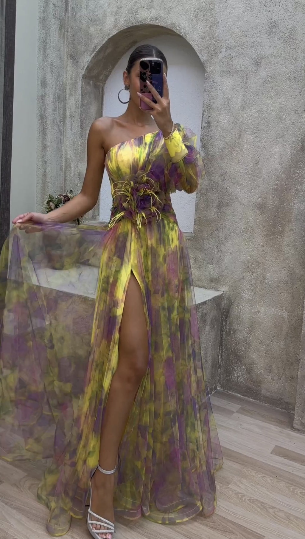 Summer Floral Long Sleeve Dress with Asymmetrical Shoulder