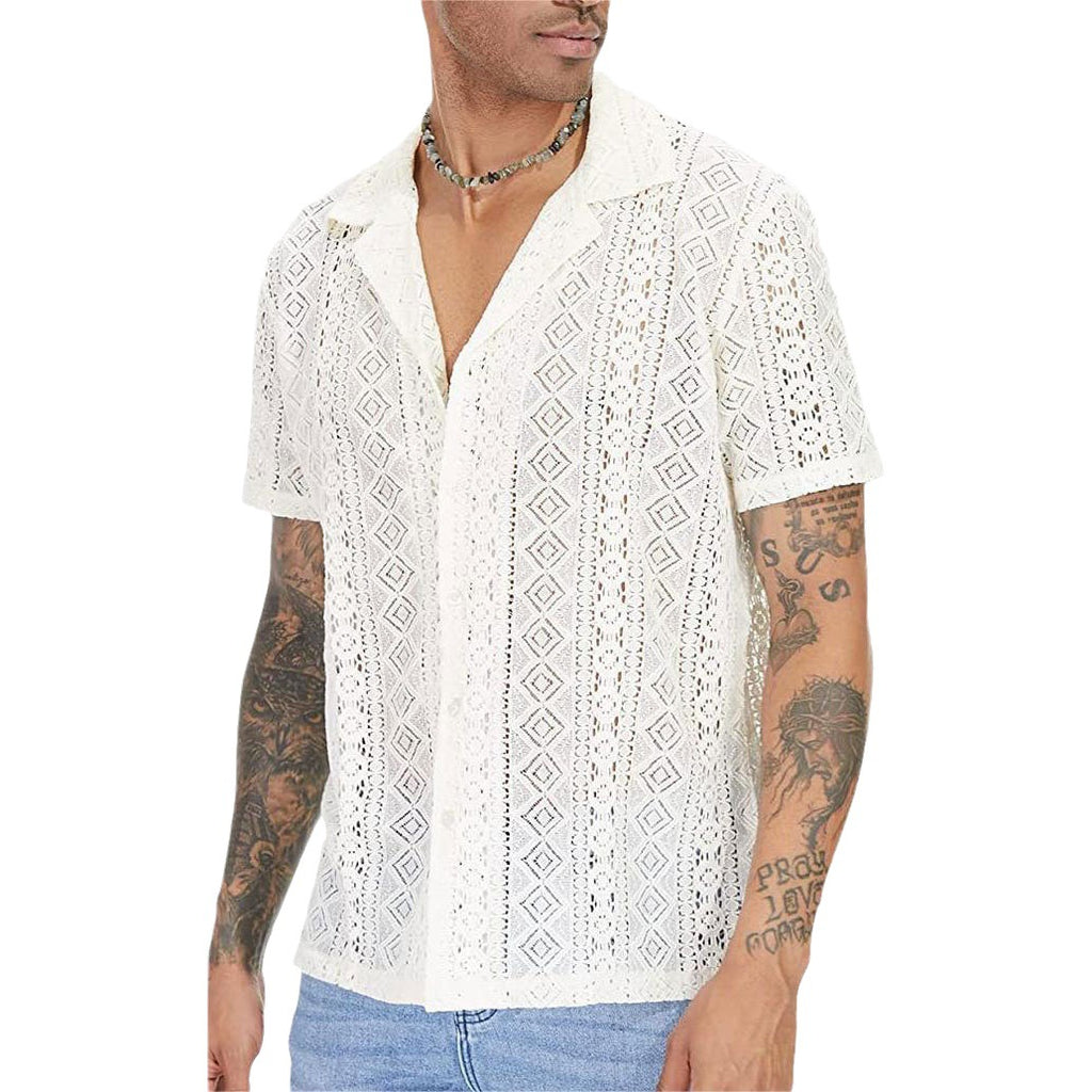 Men's Lace Short Sleeve Shirt with Floral Design