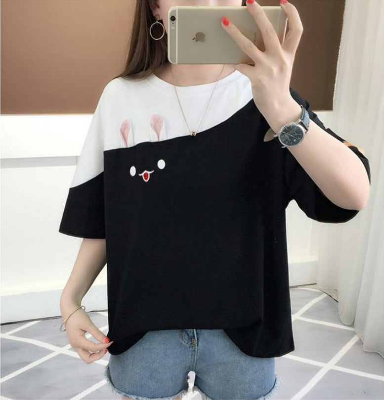 2024 Summer Embroidered Rabbit Color Block T-Shirt
