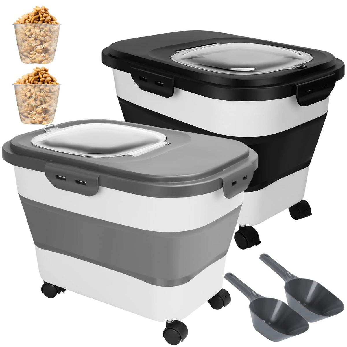 Tgvasz 2 PCS Dog Food Storage Containers 15-20 Lbs Collapsible Dog Food Storage Container - with Measuring Cup &Scoop(Grey+Black)