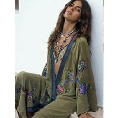 Embroidered Flower Bohemian Green Cardigan Dress
