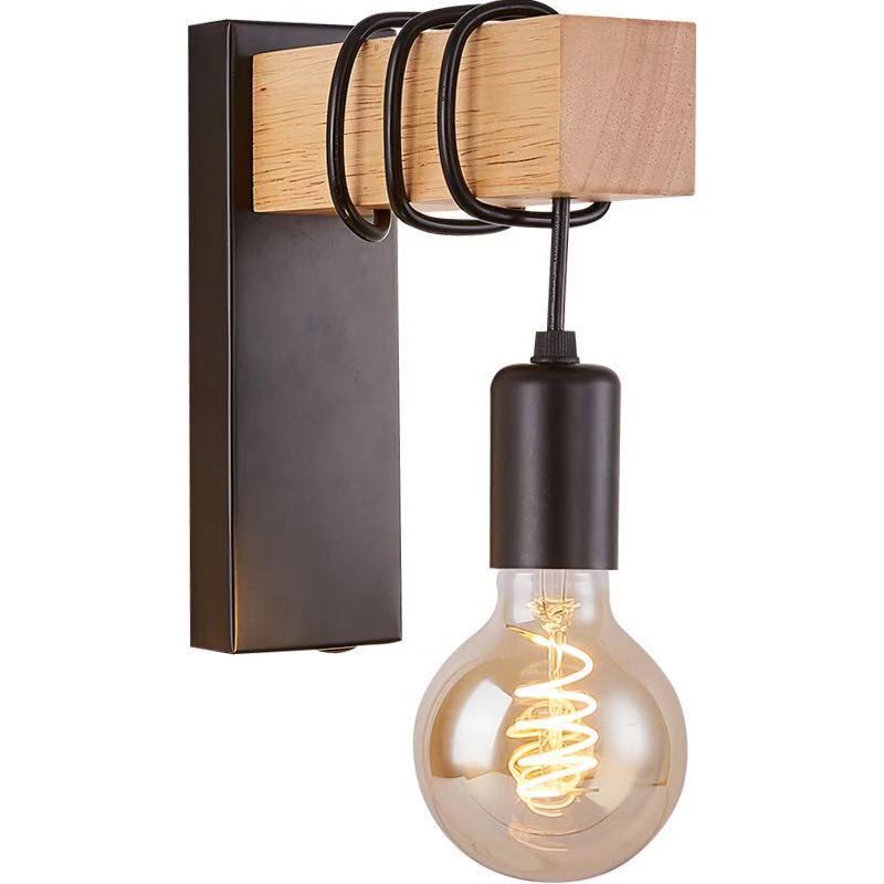 Creative American Wood Wall Lamp with Iron Shade E27
