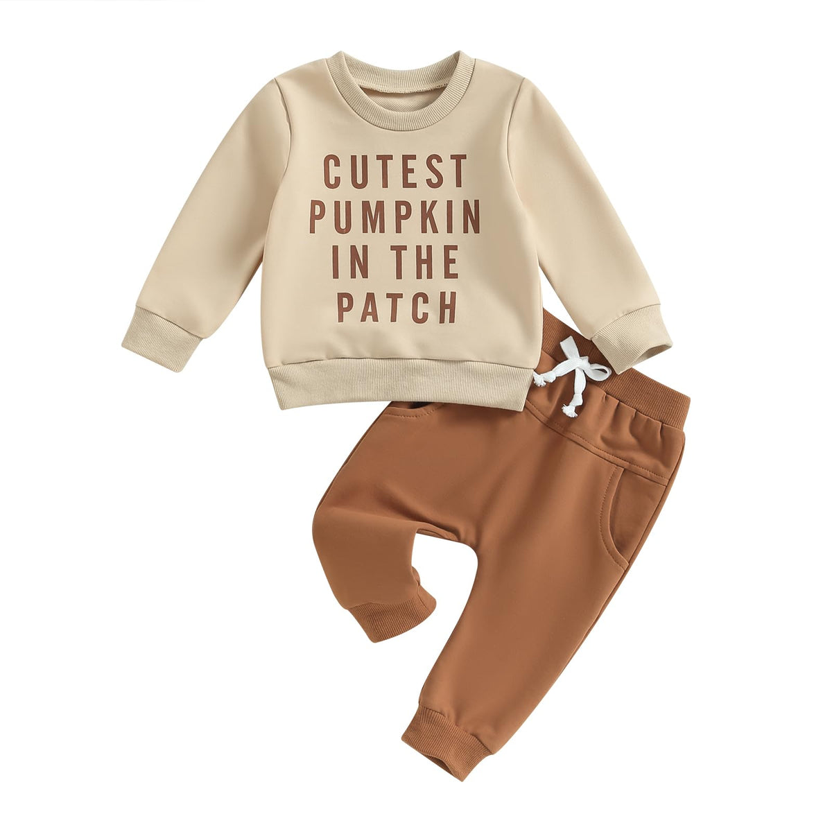 Engofs Toddler Baby Boy Halloween Outfit Pumpkin Crewneck Sweatshirt Pants Set Fall Winter Clothes Brown 2-3T