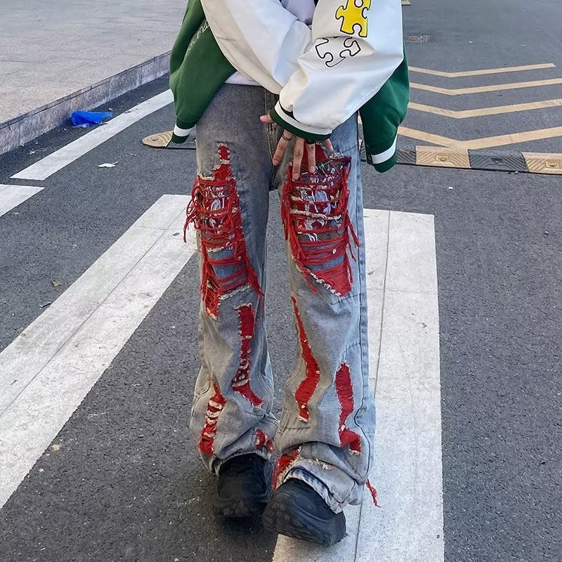 Hip Hop Distressed Straight Leg Denim Pants with Embroidery