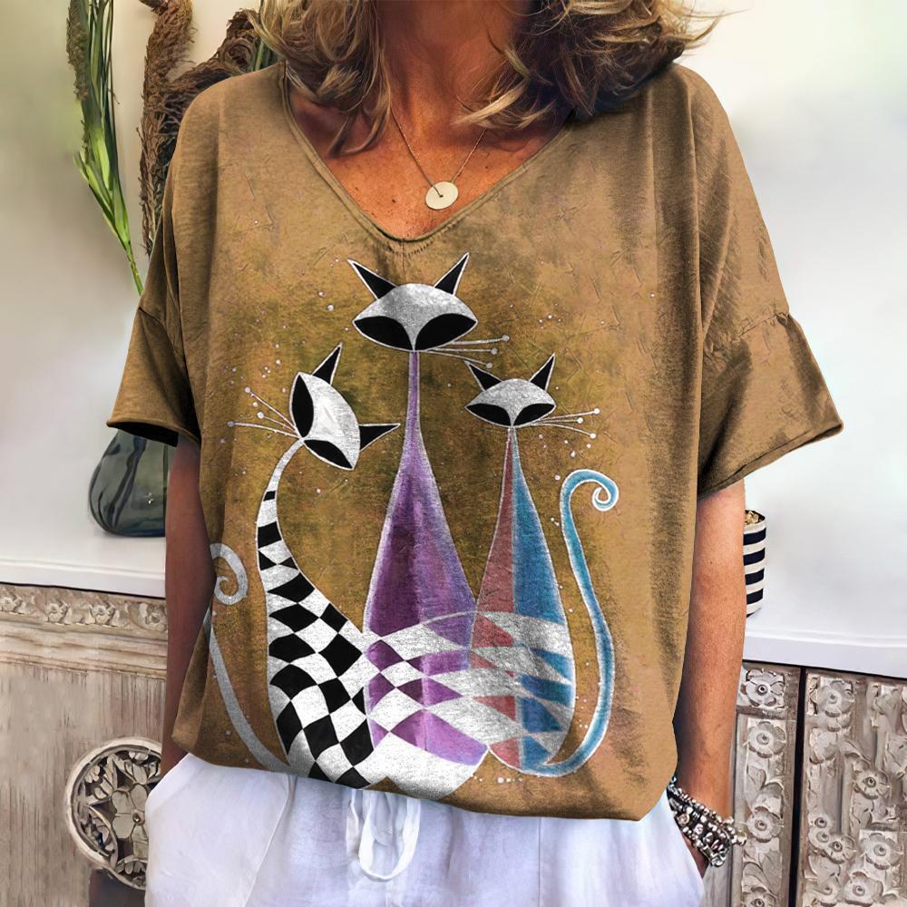 2023 Summer Women's V-Neck T-Shirt with 3D Cat Print