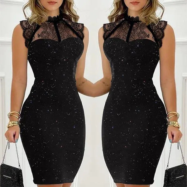 Fashionable Black Sequin Lace Sleeveless Dress Set