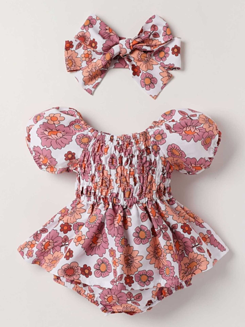Summer Floral Print Baby Romper with Headscarf