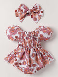 Summer Floral Print Baby Romper with Headscarf