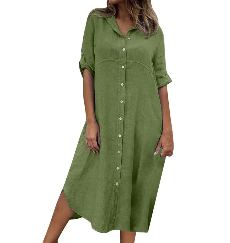 Plus Size Women's Cotton Linen Shirt Dress