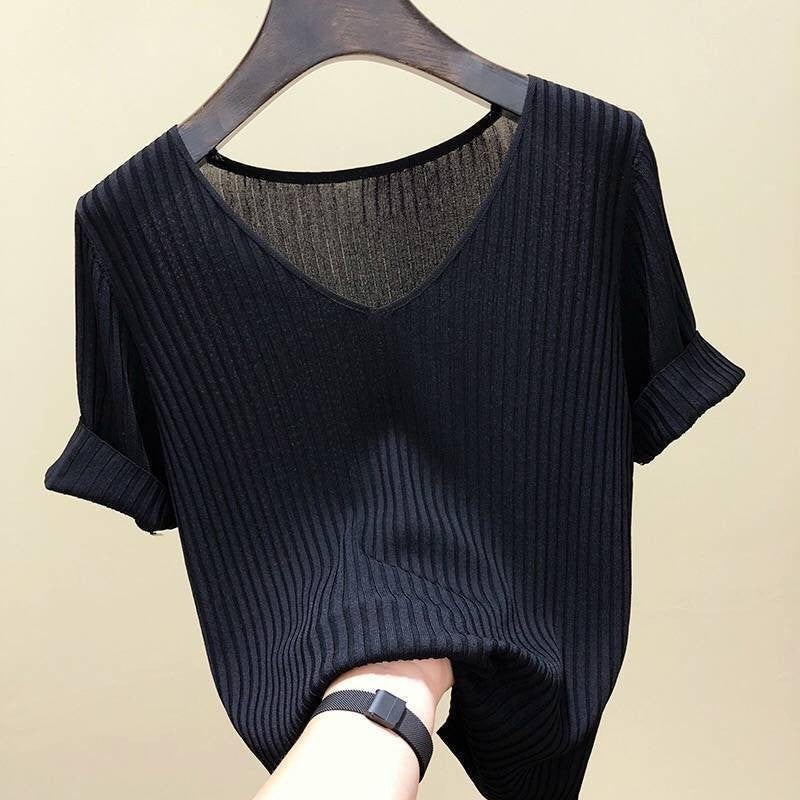 Summer Ice Silk Knit Black T-Shirt for Women