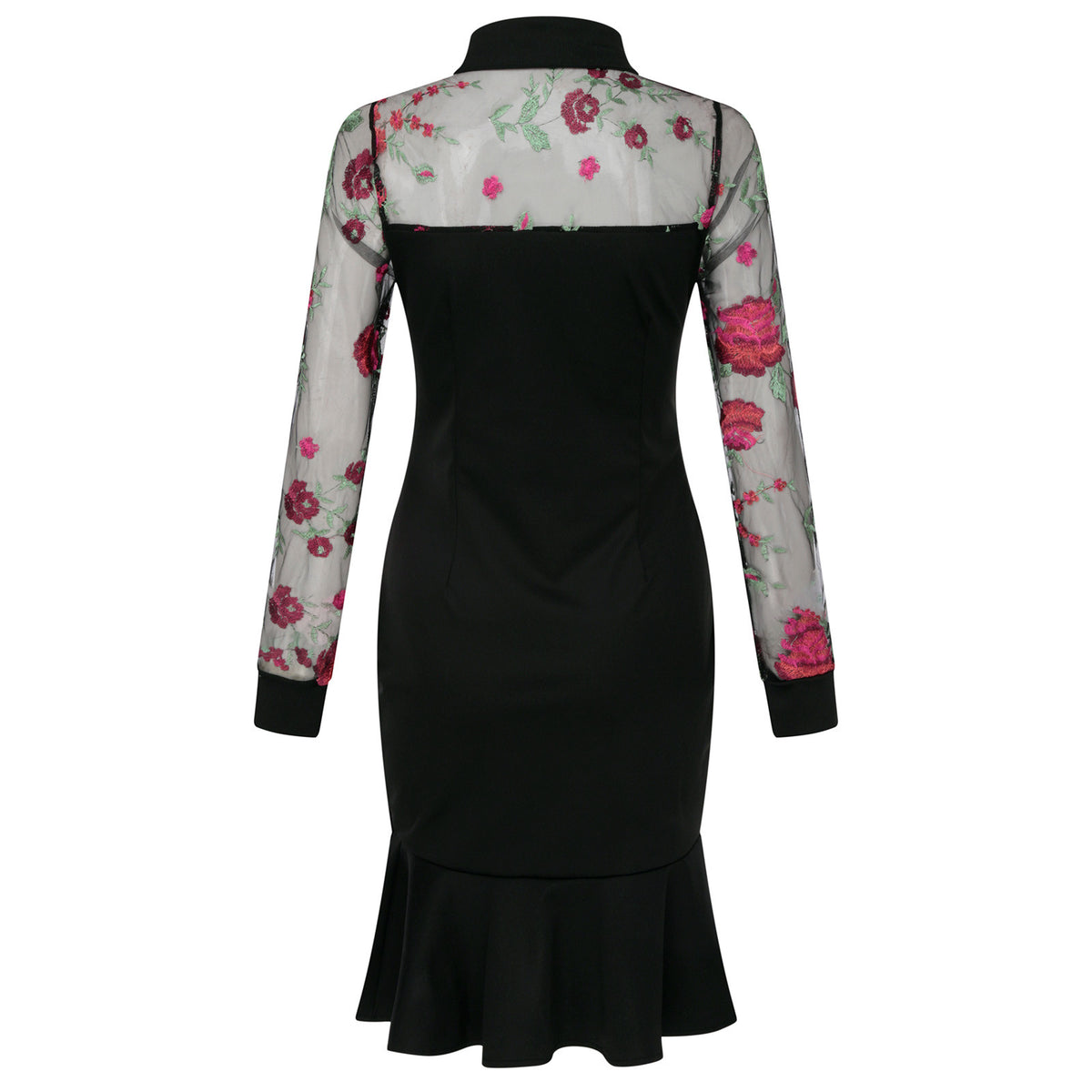 Embroidered Beaded Mesh Dress with Ruffled Sleeves