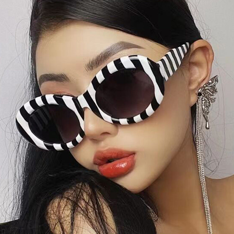 Striped Zebra Oval Sunglasses - Trendy Hip-Hop Style
