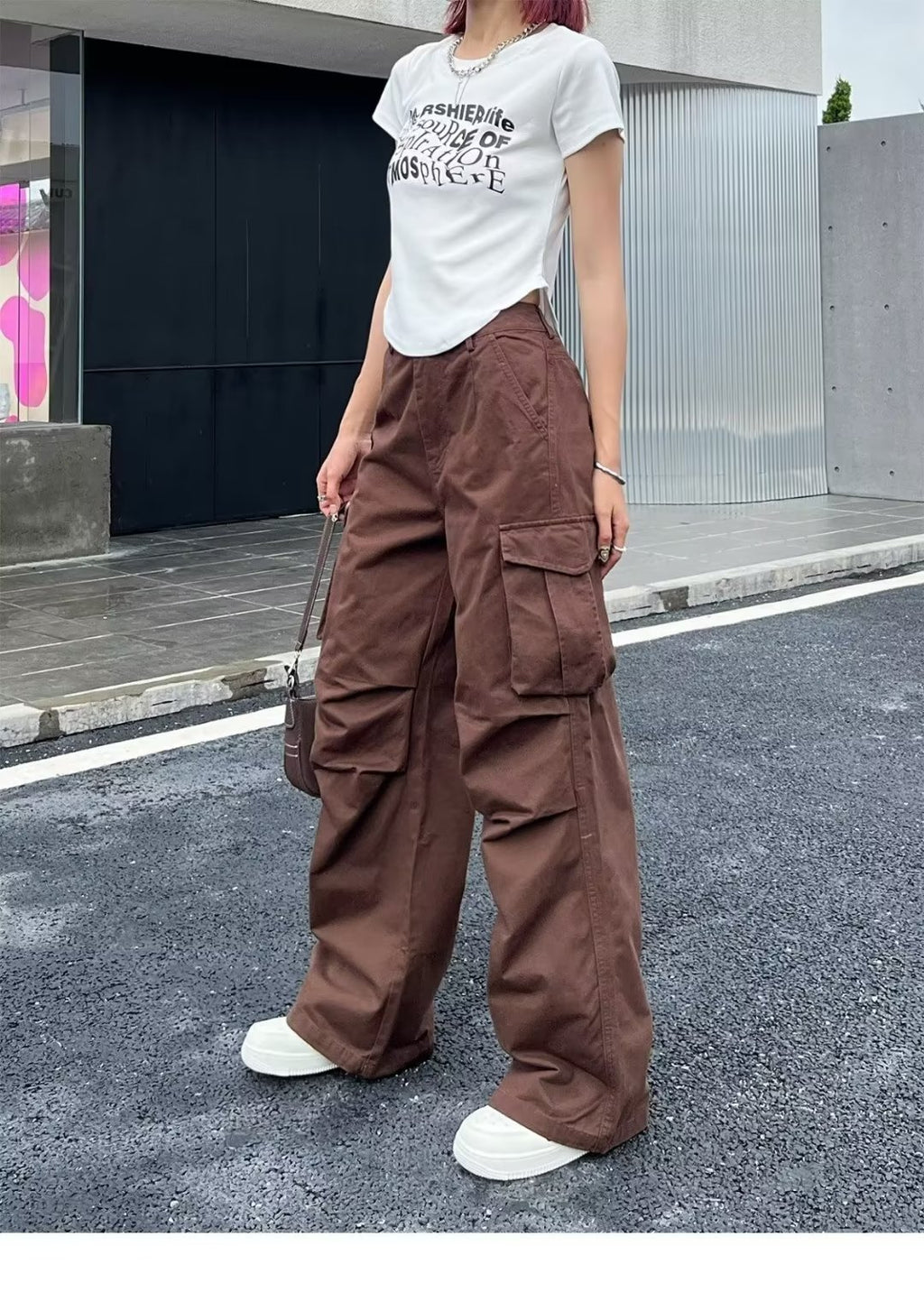 Brown High-Waisted Loose Fit Wide Leg Pants for Women