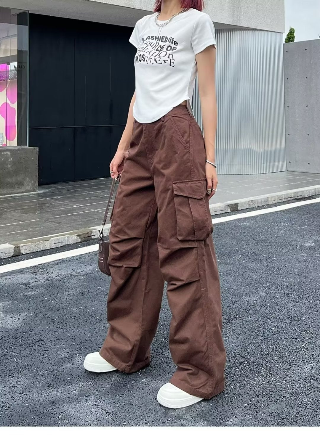 Brown High-Waisted Loose Fit Wide Leg Pants for Women