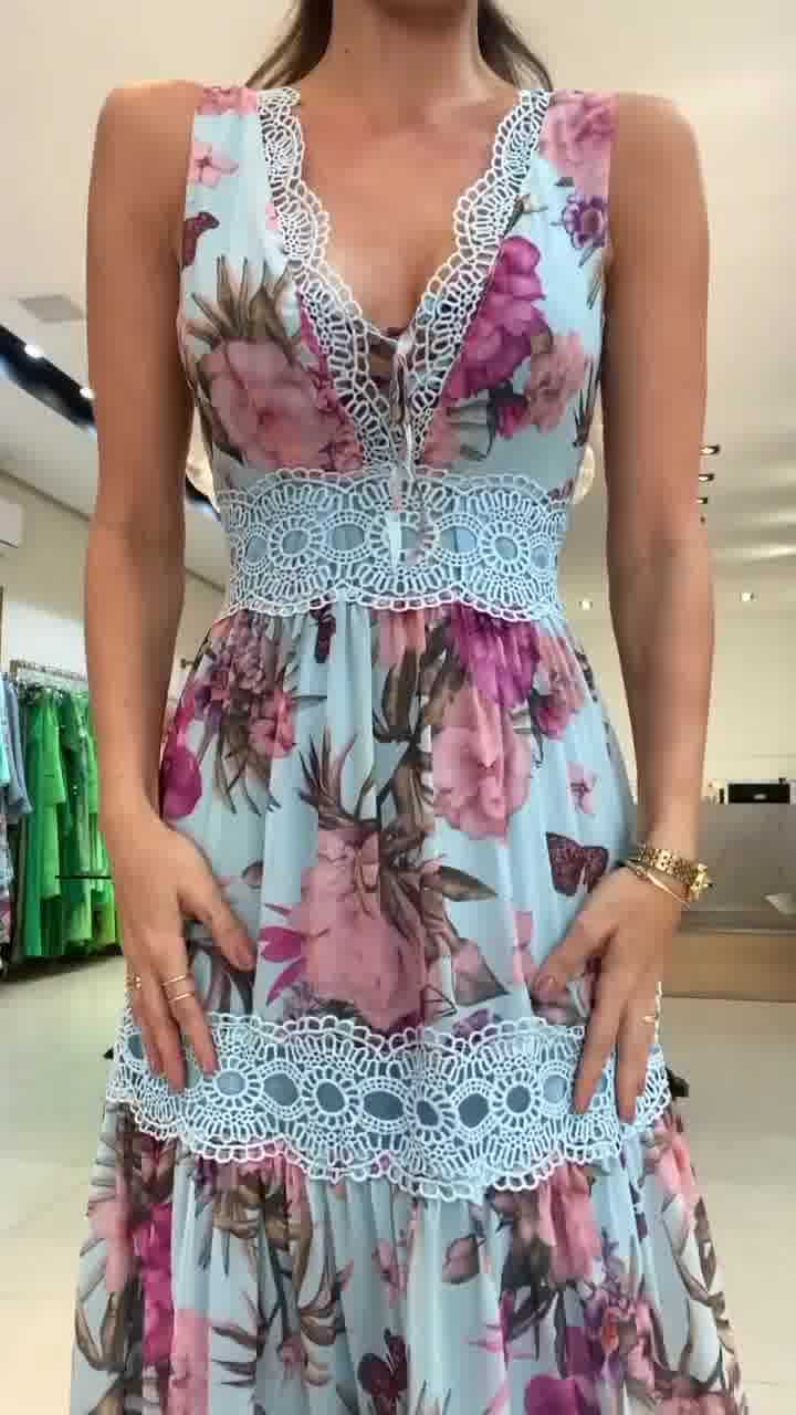 Fashion Floral Print V-Neck Lace-Up Maxi Dress