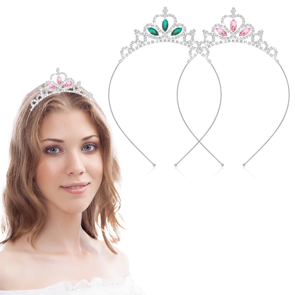 Mozeat Lens 2Pcs Crystal Tiara Crown Silver Princess Crystal Headband Heart Rhinestone Tiara Crown for Women Birthday Party Rhinestones Headbands Bride Wedding Headpieces