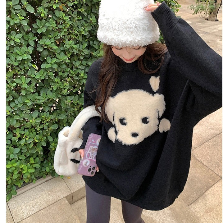 2023 Fall Fashion Plus Size Black Dog Knitted Sweater