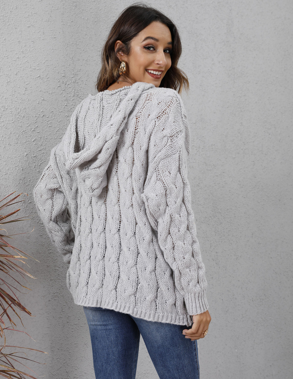 Fashionable Thick Knit V-Neck Hooded Sweater for Women