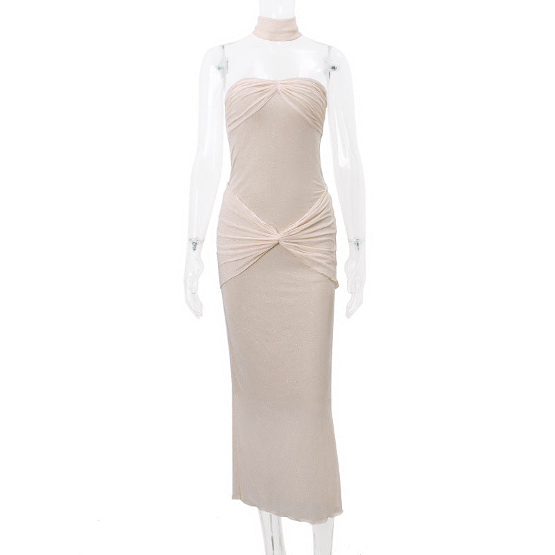 Shiny Ruched Strapless Long Dress for Women