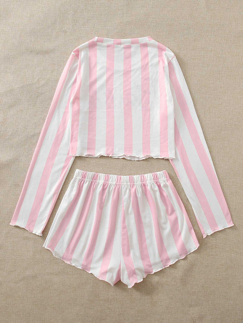Striped Long Sleeve Pajama Set with Shorts (Two Pieces)